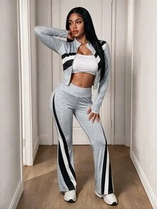 Core Rhythm 2026 Contrast Color Block Sports Set, 3D Towel Letter Patch Casual Low-Waist Pants For Men And Women, Cardigan Jacket Two Pieces Set Street Style Y2K S - Grey - View 5