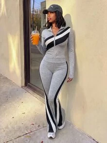 Core Rhythm 2026 Contrast Color Block Sports Set, 3D Towel Letter Patch Casual Low-Waist Pants For Men And Women, Cardigan Jacket Two Pieces Set Street Style Y2K S - Grey - View 1