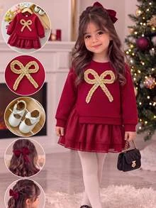 SHEIN 可愛網紗休閒洋裝 幼兒女嬰適用，聖誕節、秋季新款 - 紅色 - 查看 2