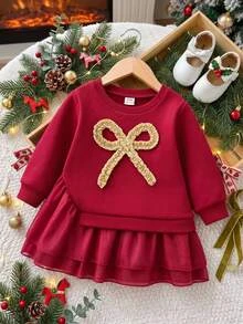 SHEIN 可愛網紗休閒洋裝 幼兒女嬰適用，聖誕節、秋季新款 - 紅色 - 查看 8