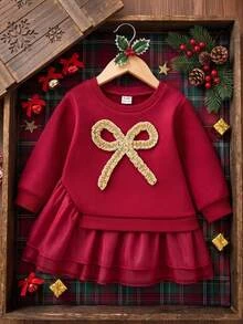SHEIN 可愛網紗休閒洋裝 幼兒女嬰適用，聖誕節、秋季新款 - 紅色 - 查看 1