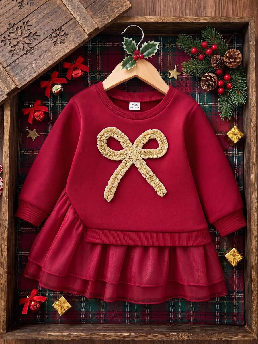 SHEIN 可愛網紗休閒洋裝 幼兒女嬰適用,聖誕節、秋季新款 - 紅色 - 查看 1
