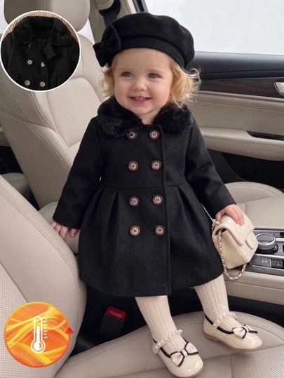 SHEIN Toddler Baby Girl Dress Cute Sweet Elegant Black Wool Long Sleeve Lapel Collar Button Front Regular Fit Flared Princess Ballet Ballerina Cozy Coats