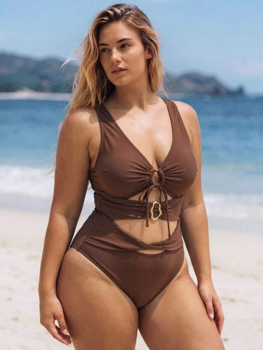 SHEIN Swim Plus Size Women Beach Holiday Solid Color Chest Tie Hollow Out One-Piece Swimsuit - Brown - View 1