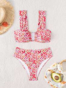 SHEIN Swim Springbreak Women's Summer New Random Ditsy Floral V-Neck Spaghetti Strap Sweet Floral Pattern Bikini Set - Multicolor - View 5