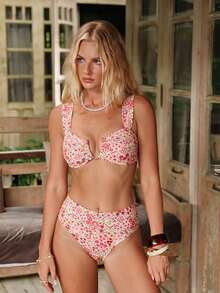 SHEIN Swim Springbreak Women's Summer New Random Ditsy Floral V-Neck Spaghetti Strap Sweet Floral Pattern Bikini Set - Multicolor - View 1