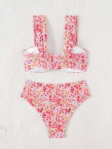 SHEIN Swim Springbreak Women's Summer New Random Ditsy Floral V-Neck Spaghetti Strap Sweet Floral Pattern Bikini Set - Multicolor - View 4