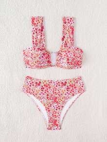 SHEIN Swim Springbreak Women's Summer New Random Ditsy Floral V-Neck Spaghetti Strap Sweet Floral Pattern Bikini Set - Multicolor - View 6