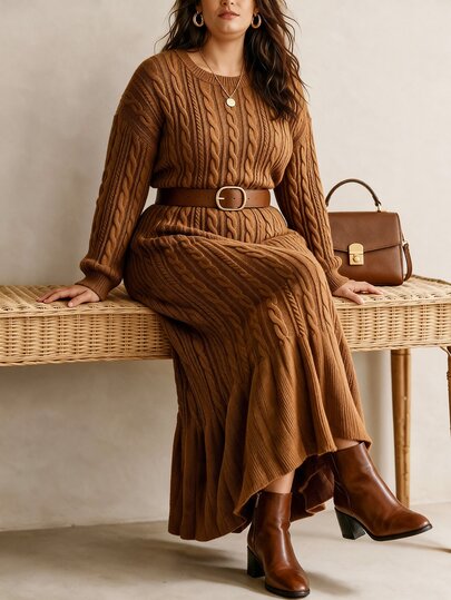 Linhara CURVE Plus Size Women's Lantern Sleeve Round Neck Pullover Knit Sweater Dress, Casual And Comfortable