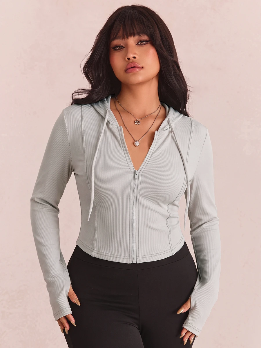 CovetEZ Plus Size Black Solid Color Full Zip Hooded Casual Jacket,Fall - Khaki - View 1