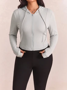 CovetEZ Plus Size Black Solid Color Full Zip Hooded Casual Jacket,Fall - Khaki - View 6