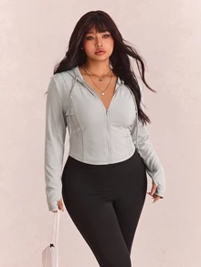 CovetEZ Plus Size Black Solid Color Full Zip Hooded Casual Jacket,Fall - Khaki - View 3