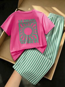 SHEIN Tween Girls 2pcs/Set Short Sleeve Round Neck Cute Printed Outfit, Holiday Outfits, Casual, Comfortable, Daily - Hot Pink - View 9