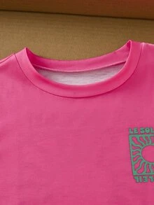 SHEIN Tween Girls 2pcs/Set Short Sleeve Round Neck Cute Printed Outfit, Holiday Outfits, Casual, Comfortable, Daily - Hot Pink - View 5