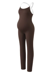 GentleRue Maternity 孕婦運動服 美式風格拼色露背瑜伽連身褲 收腹提臀 羅紋緊身健身連身褲 適合運動與休閒穿著 - 棕色 - 查看 10