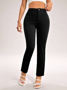 SHEIN PETITE Women'S Solid Color Slant Pocket Tapered Pants ,Petite Women - Black - View 4
