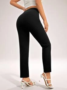 SHEIN PETITE Women'S Solid Color Slant Pocket Tapered Pants ,Petite Women - Black - View 2