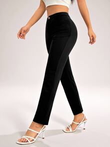 SHEIN PETITE Women'S Solid Color Slant Pocket Tapered Pants ,Petite Women - Black - View 6