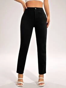 SHEIN PETITE Women'S Solid Color Slant Pocket Tapered Pants ,Petite Women - Black - View 3