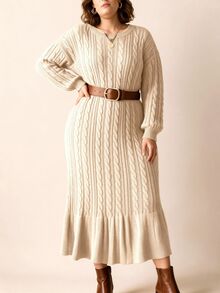 Linhara Plus Size Women's Lantern Sleeve Round Neck Pullover Knit Sweater Dress, Casual And Comfortable - Apricot - View 4