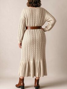 Linhara Plus Size Women's Lantern Sleeve Round Neck Pullover Knit Sweater Dress, Casual And Comfortable - Apricot - View 2