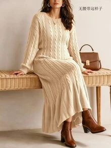 Linhara Plus Size Women's Lantern Sleeve Round Neck Pullover Knit Sweater Dress, Casual And Comfortable - Apricot - View 5