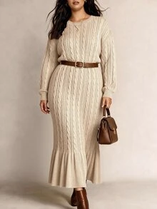 Linhara Plus Size Women's Lantern Sleeve Round Neck Pullover Knit Sweater Dress, Casual And Comfortable - Apricot - View 3