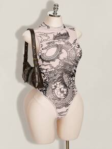 SHEIN ICON Women's Plus Size Y2K 80s Light Pink Mesh Dragon Pattern Semi-Stand Collar Semi-Sheer Slim Fit Bodysuit Sommar 90s Party Club Retro Fall - Khaki - View 6