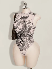 SHEIN ICON Women's Plus Size Y2K 80s Light Pink Mesh Dragon Pattern Semi-Stand Collar Semi-Sheer Slim Fit Bodysuit Sommar 90s Party Club Retro Fall - Khaki - View 4