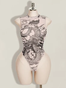 SHEIN ICON Women's Plus Size Y2K 80s Light Pink Mesh Dragon Pattern Semi-Stand Collar Semi-Sheer Slim Fit Bodysuit Sommar 90s Party Club Retro Fall - Khaki - View 11