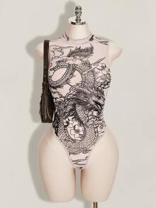 SHEIN ICON Women's Plus Size Y2K 80s Light Pink Mesh Dragon Pattern Semi-Stand Collar Semi-Sheer Slim Fit Bodysuit Sommar 90s Party Club Retro Fall - Khaki - View 1