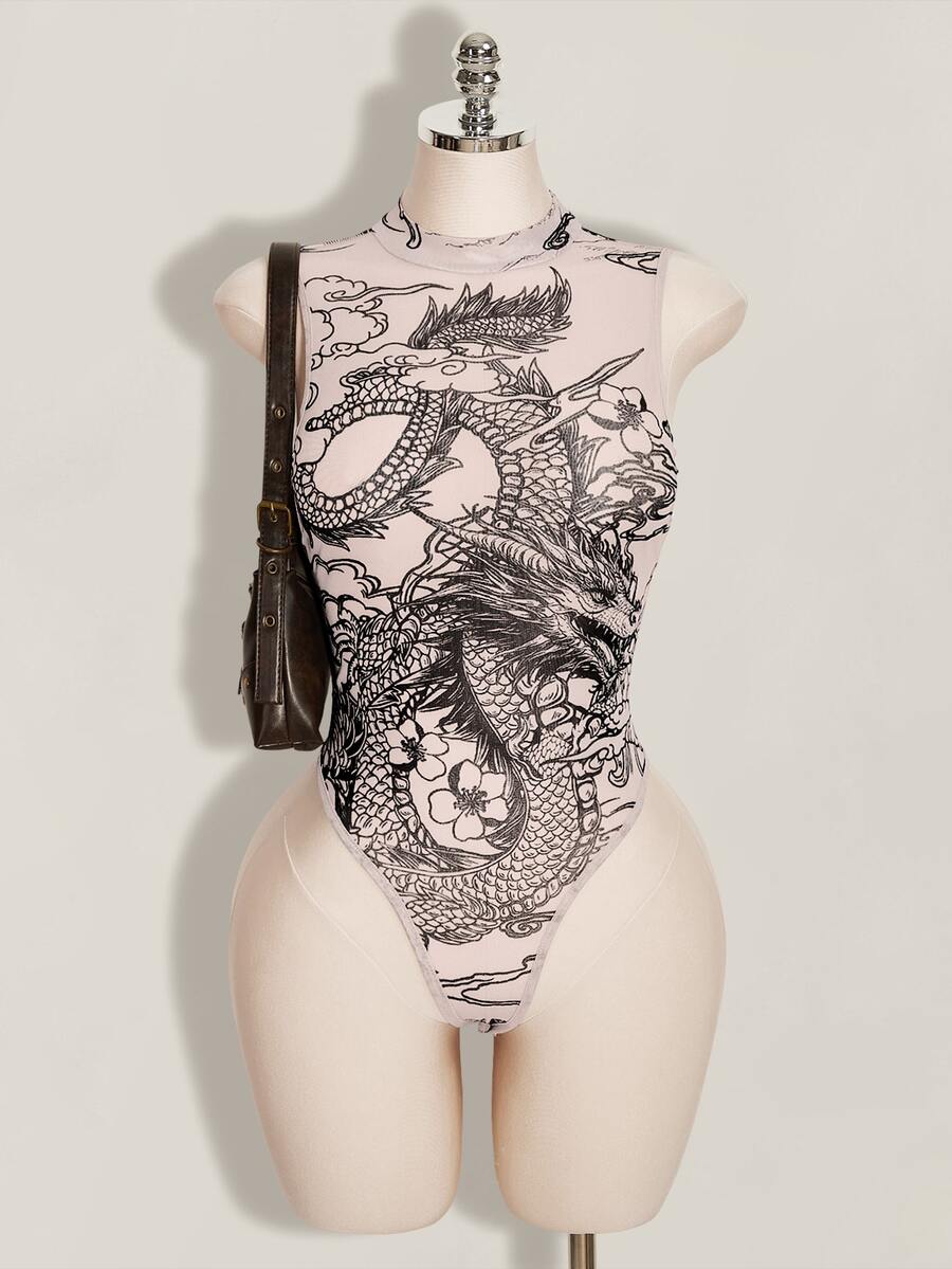 SHEIN ICON Women's Plus Size Y2K 80s Light Pink Mesh Dragon Pattern Semi-Stand Collar Semi-Sheer Slim Fit Bodysuit Sommar 90s Party Club Retro Fall - Khaki - View 1