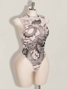 SHEIN ICON Women's Plus Size Y2K 80s Light Pink Mesh Dragon Pattern Semi-Stand Collar Semi-Sheer Slim Fit Bodysuit Sommar 90s Party Club Retro Fall - Khaki - View 7