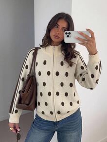 Siren Gaze Women's Winter Polka Dot Knit Cardigan, Zipper Funnel Neck Long Sleeve Loose Sweater - Apricot - View 5