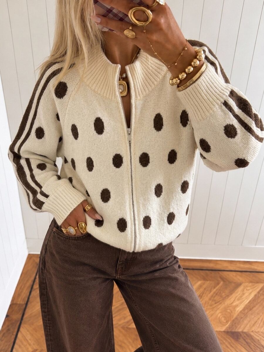 Siren Gaze Women's Winter Polka Dot Knit Cardigan, Zipper Funnel Neck Long Sleeve Loose Sweater - Apricot - View 1