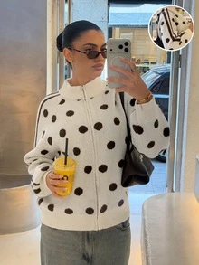 Siren Gaze Women's Winter Polka Dot Knit Cardigan, Zipper Funnel Neck Long Sleeve Loose Sweater - Apricot - View 8