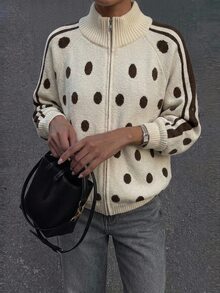 Siren Gaze Women's Winter Polka Dot Knit Cardigan, Zipper Funnel Neck Long Sleeve Loose Sweater - Apricot - View 4