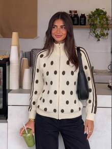 Siren Gaze Women's Winter Polka Dot Knit Cardigan, Zipper Funnel Neck Long Sleeve Loose Sweater - Apricot - View 9