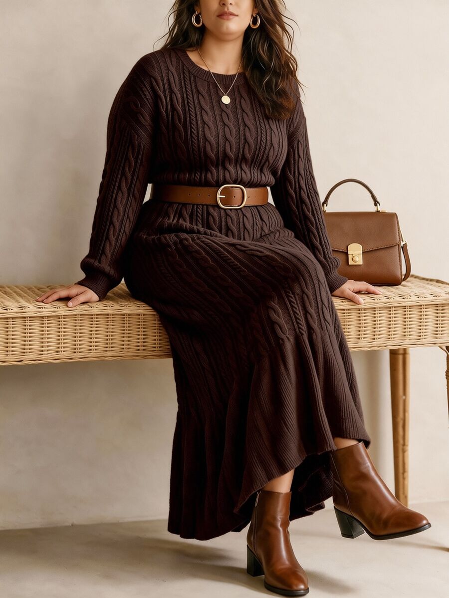 Linhara Plus Size Women's Lantern Sleeve Round Neck Pullover Knit Sweater Dress, Casual And Comfortable - Chocolate Brown - View 1