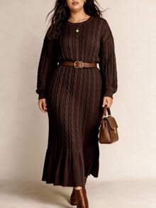 Linhara Plus Size Women's Lantern Sleeve Round Neck Pullover Knit Sweater Dress, Casual And Comfortable - Chocolate Brown - View 4