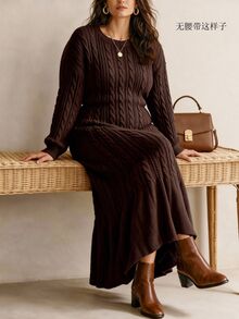 Linhara Plus Size Women's Lantern Sleeve Round Neck Pullover Knit Sweater Dress, Casual And Comfortable - Chocolate Brown - View 3