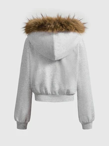 ROMWE Y2K Retro Hot Girl Subculture Tiger New Chinese Style Print Fur Collar Open Front Versatile Autumn/Winter Women's Sweatshirt - Grey - View 9