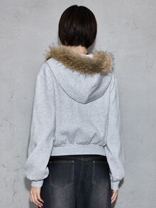 ROMWE Y2K Retro Hot Girl Subculture Tiger New Chinese Style Print Fur Collar Open Front Versatile Autumn/Winter Women's Sweatshirt - Grey - View 6