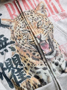 ROMWE Y2K Retro Hot Girl Subculture Tiger New Chinese Style Print Fur Collar Open Front Versatile Autumn/Winter Women's Sweatshirt - Grey - View 7