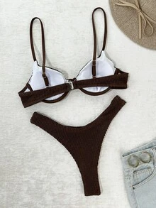 SHEIN Swim مجموعة بكيني لونها أحادي القوام ذو نمط وصدرية ذات سلك داخلي جذاب، بحري صيفي للعطلات - قهوة بني - مشاهدة 3