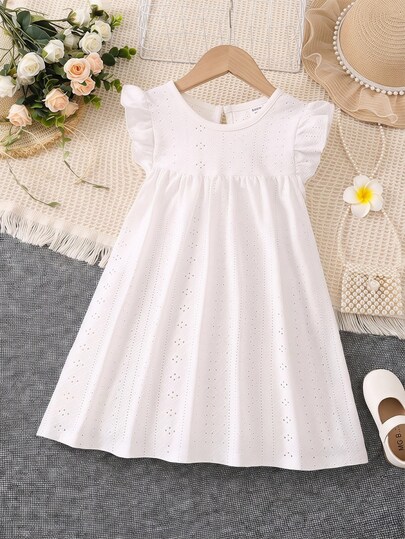 SHEIN Young Girl White Solid Color Vacation Style Mini Dress With Ruffled Sleeves And Small Round Collar For Summer,Holiday,Summer,Travel