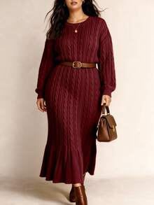Linhara Plus Size Women's Lantern Sleeve Round Neck Pullover Knit Sweater Dress, Casual And Comfortable - Burgundy - View 4