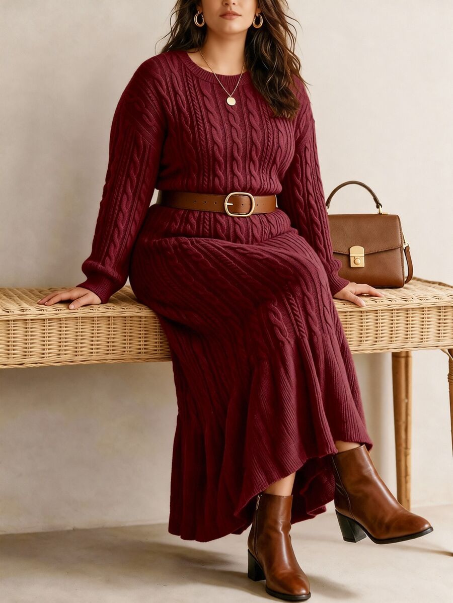 Linhara Plus Size Women's Lantern Sleeve Round Neck Pullover Knit Sweater Dress, Casual And Comfortable - Burgundy - View 1