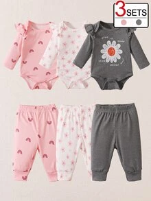 SHEIN 6件組新生兒嬰兒連身裙套裝，可愛甜美灰色粉色白色花卉長袖圓領按扣正裝版型，運動舒適嬰兒秋季套裝 - 灰色 - 查看 8