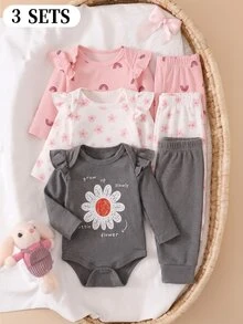 SHEIN 6件組新生兒嬰兒連身裙套裝，可愛甜美灰色粉色白色花卉長袖圓領按扣正裝版型，運動舒適嬰兒秋季套裝 - 灰色 - 查看 7